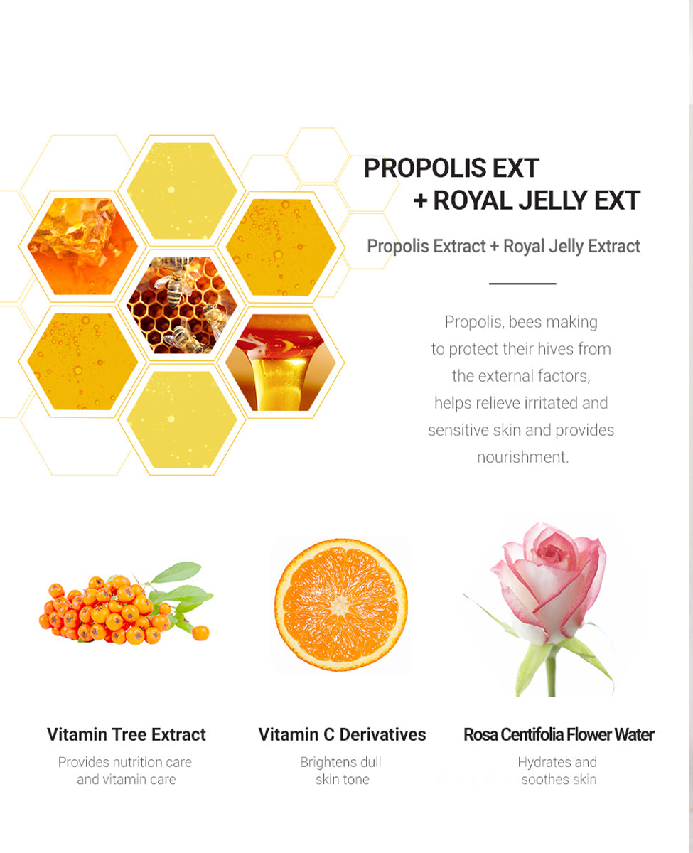 Key ingredients of Dr. Ceuracle Ampoule: Propolis, Royal Jelly, Vitamin Tree Extract, Vitamin C, Rosa Centifolia Flower Water.