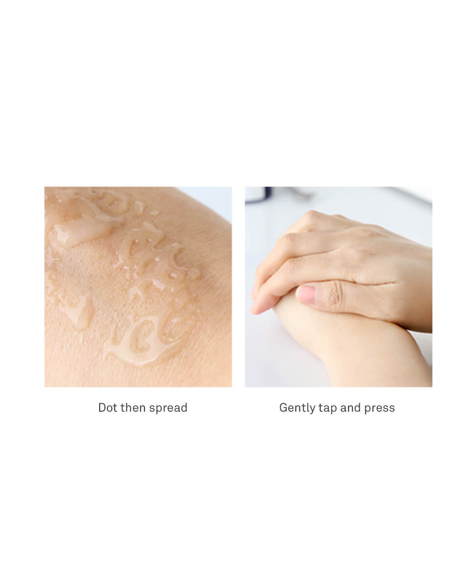 Two-panel usage graphic demonstrating how to apply Pyunkang Yul Balancing Gel. The left panel shows the honey-like gel dotted on the skin with the text 'Dot then spread.' The right panel shows a hand gently pressing the product into the skin with the text 'Gently tap and press.
