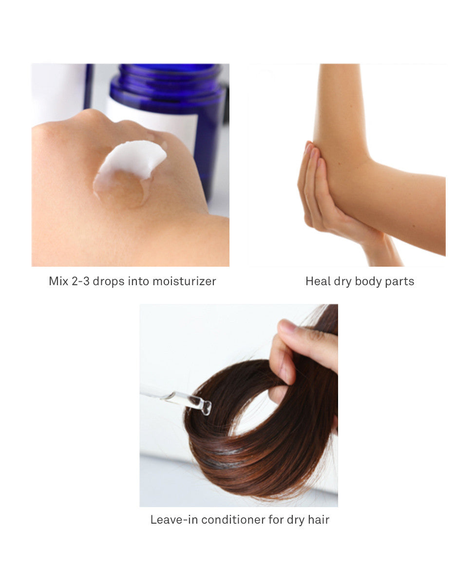 Three tips on how to use Pyunkang Yul Oil: 'Mix 2-3 drops into moisturizer,' 'Heal dry body parts,' 'Leave-in conditioner for dry hair,' showing the oil being applied to the ends of dark hair with a dropper.