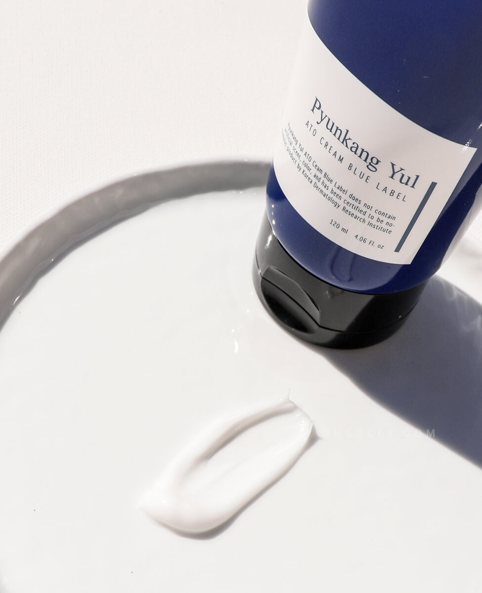 Close-up studio shot of the Pyunkang Yul ATO Cream Blue Label tube standing on a white background. A creamy white swipe of the rich moisturizer is visible below the tube, emphasizing its nourishing texture and ceramide-enriched formula.
