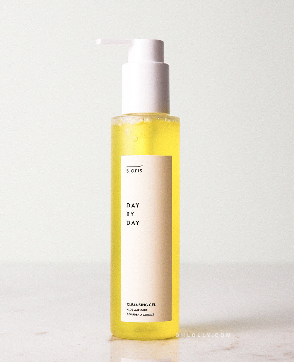 Sioris Day By Day Cleansing Gel bottle with yuja fruit water on white background