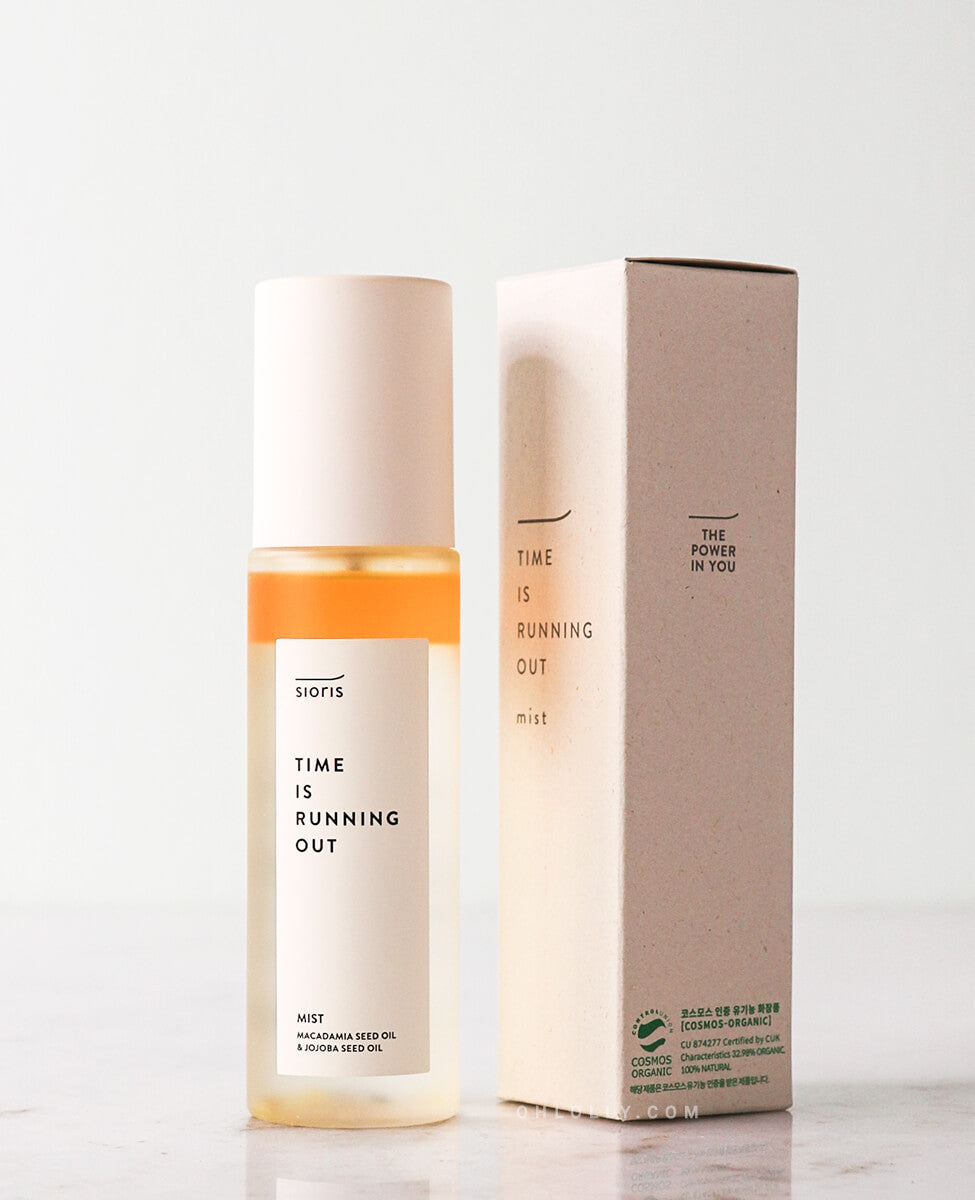 Sioris Time is Running Out Mist all-in-one hydrating formula for refreshed skin, bottle and box