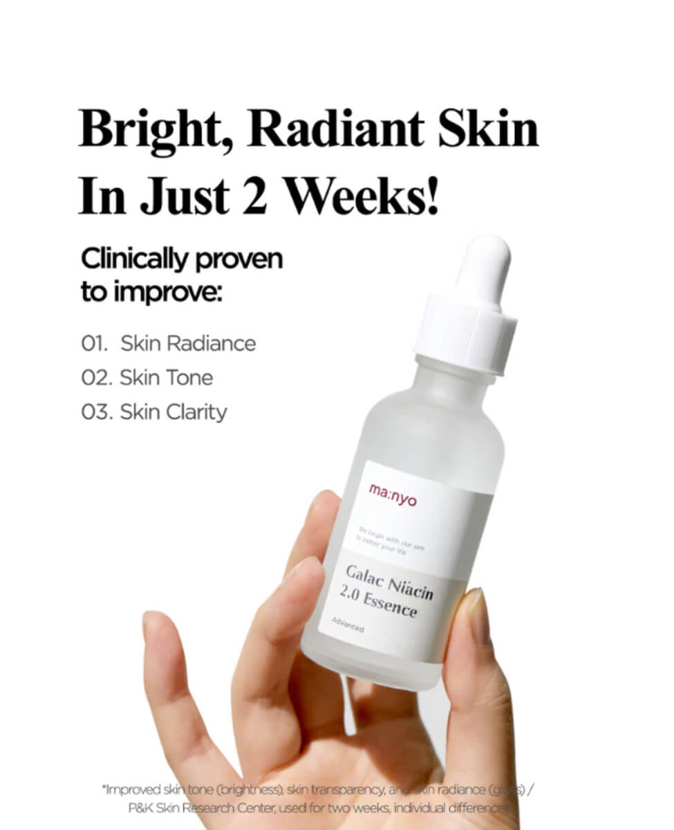 ma:nyo Galac Niacin 2.0 Essence_K-Beauty Cult Face, Brightening Essence, hand holding product, clinically proven to improve skin radiance, skin tone, & skin clarity