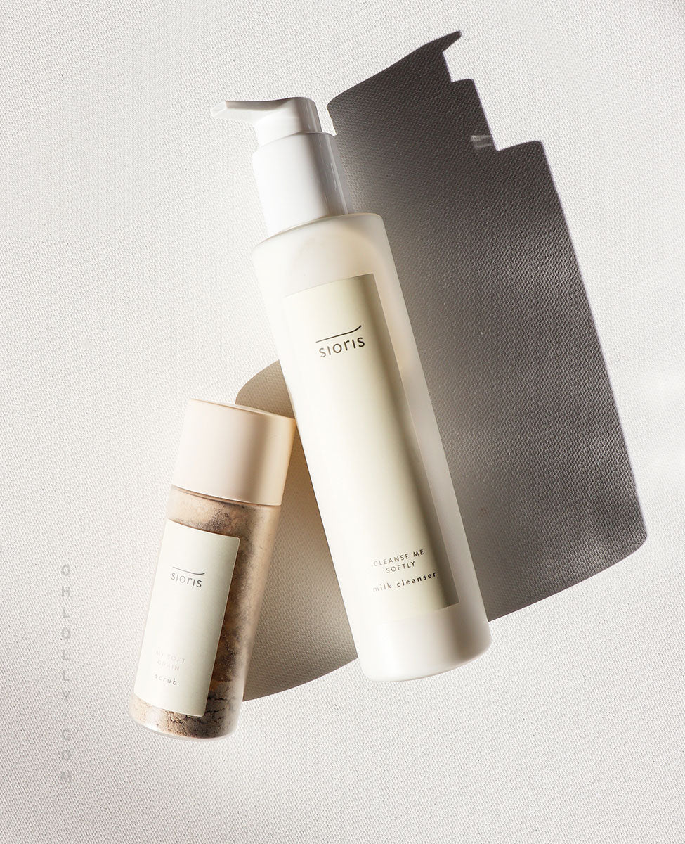 Sioris Cleanse Me Softly Milk Cleanser with green plum water to use with Sioris My Soft Grain Scrub for once a week exfoliating cleansing