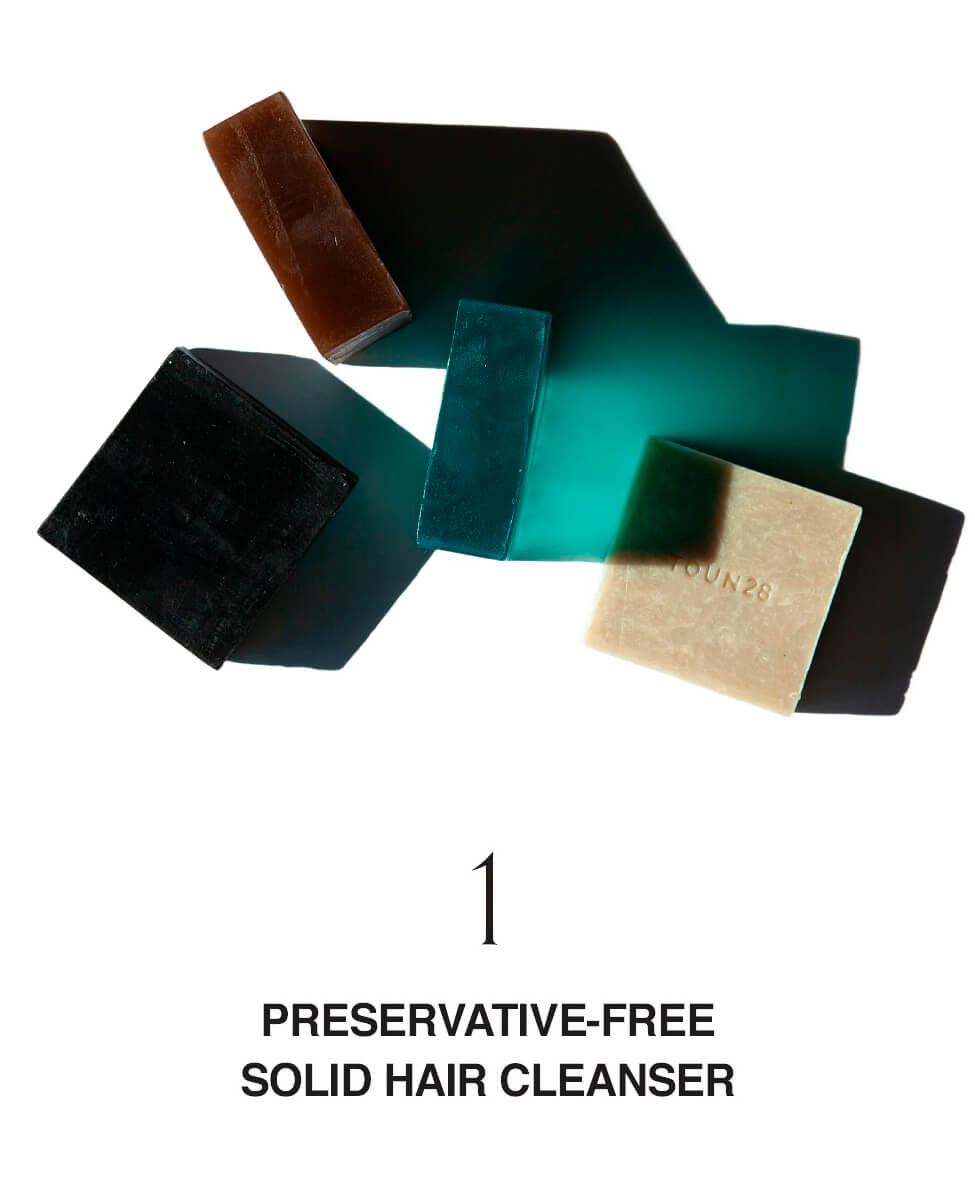 Toun28 hair soap collection with S18 kelp shampoo bar for glossy nourished hair, made without preservatives