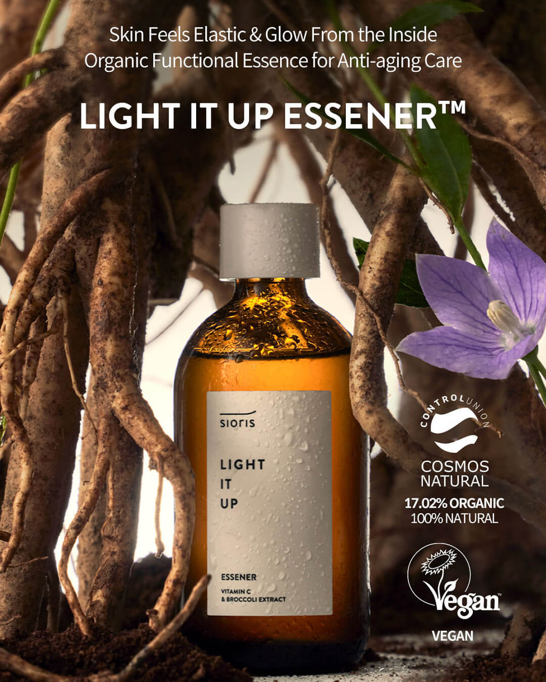 Sioris Light It Up Essener 2-in-1 brightening essence and toner for radiant skin, showing roots and flowers