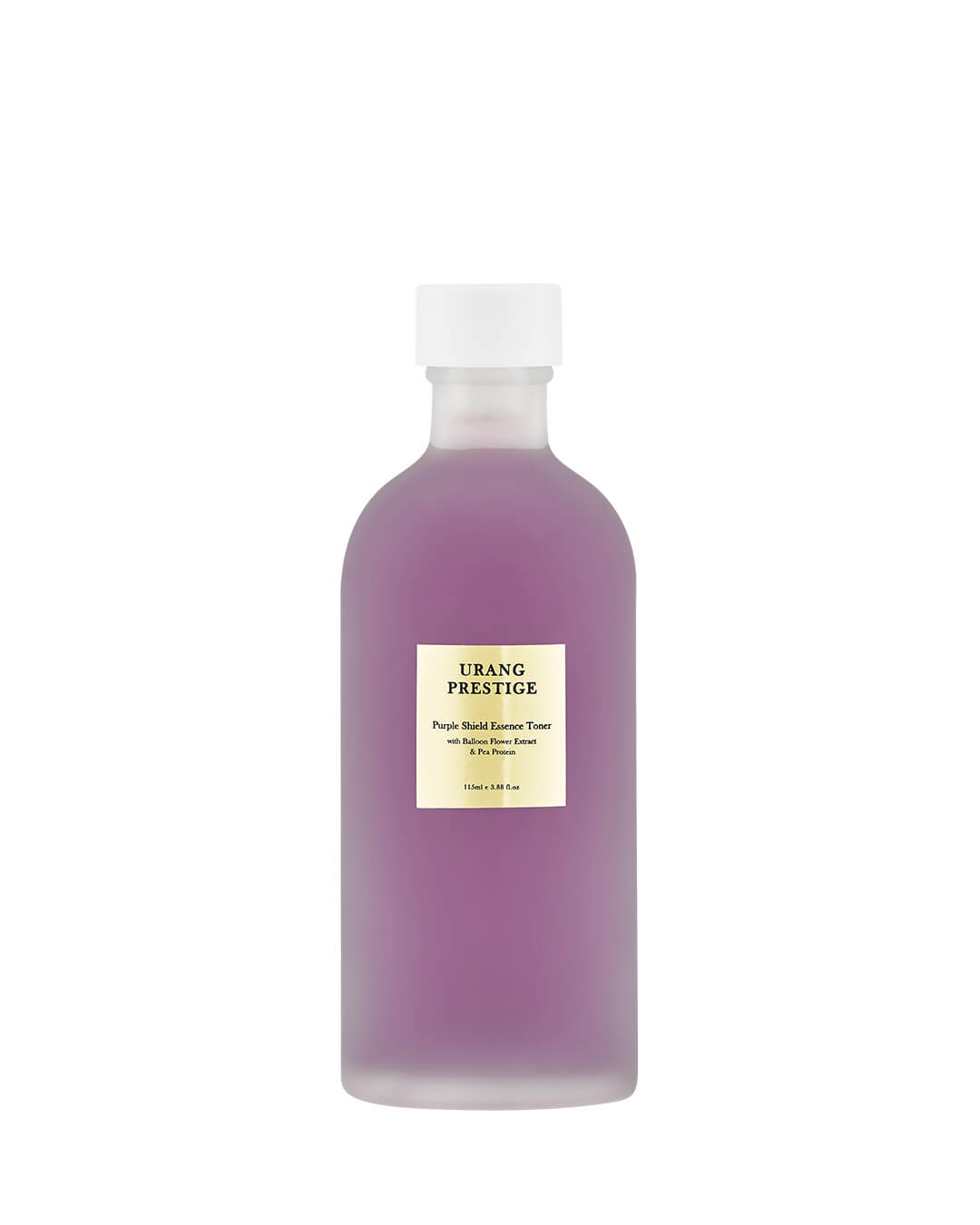 Studio shot of Urang Prestige Purple Shield Essence Toner in a frosted glass bottle, showcasing the vibrant purple liquid and the small gold-and-white label on a white background.