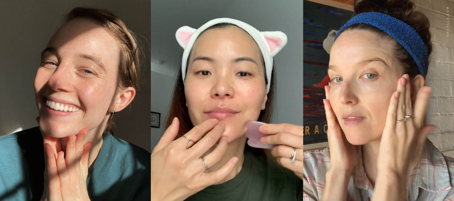  A collage of three women practicing skincare routines, including smiling, using a gua sha tool, and applying facial products while wearing headbands.