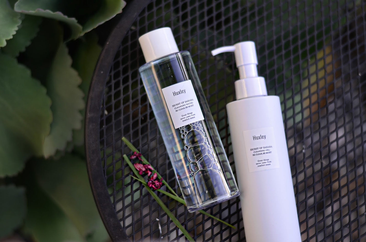 Two bottles of Huxley skincare products on a black metal table outdoors with green plants in the background.