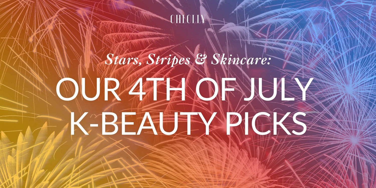 A banner featuring a colorful background of bursting fireworks with white text that reads "Stars, Stripes & Skincare: OUR 4TH OF JULY K-BEAUTY PICKS."