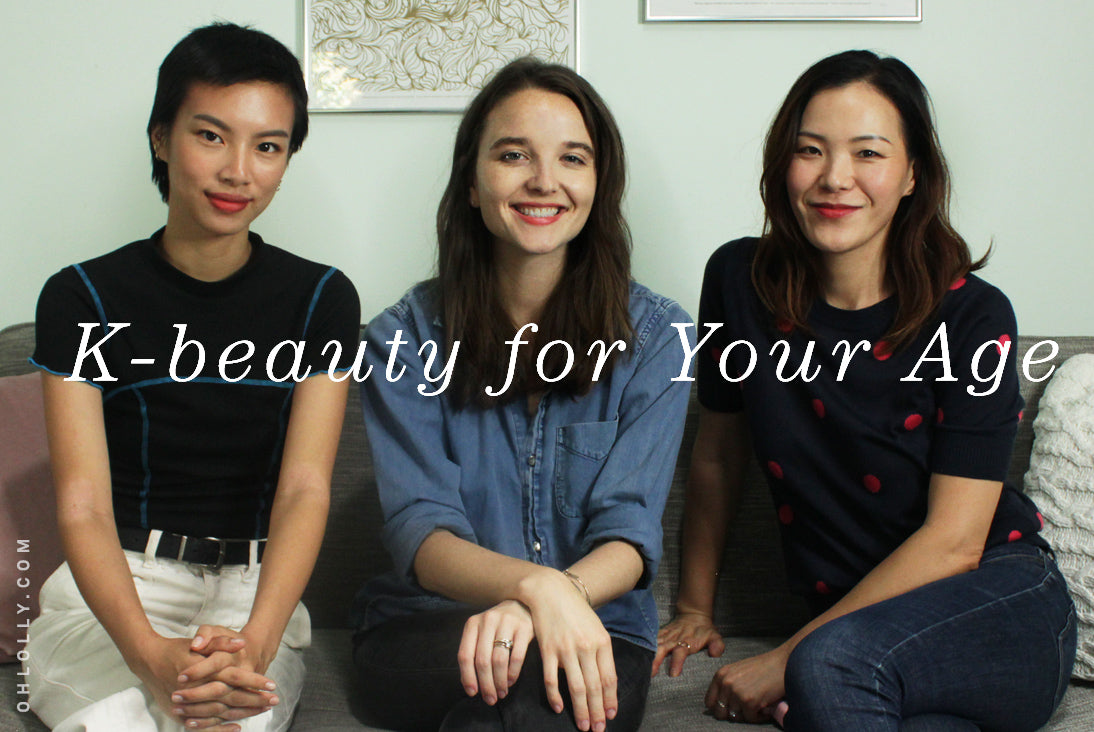 Three women of different ages sitting together on a sofa, with the text "K-beauty for Your Age" overlaid across the center.