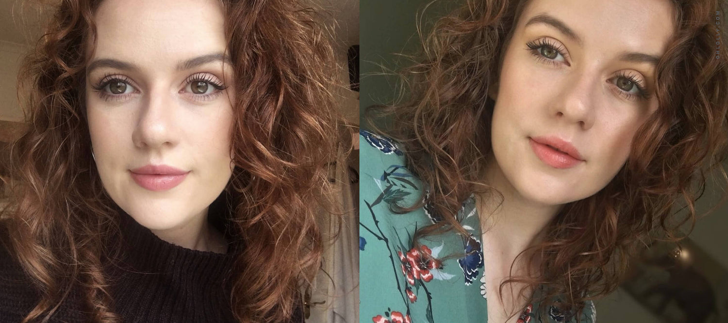 A horizontal collage of two close-up portraits of the same woman with curly, reddish-brown hair, smiling at the camera and wearing natural-looking makeup.