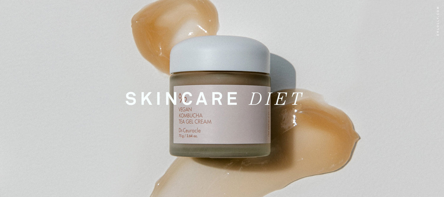 A jar of Dr. Ceuracle Vegan Kombucha Tea Gel Cream sitting on top of a large smear of translucent, amber-colored gel, with the text "SKINCARE DIET" overlaid in the center.