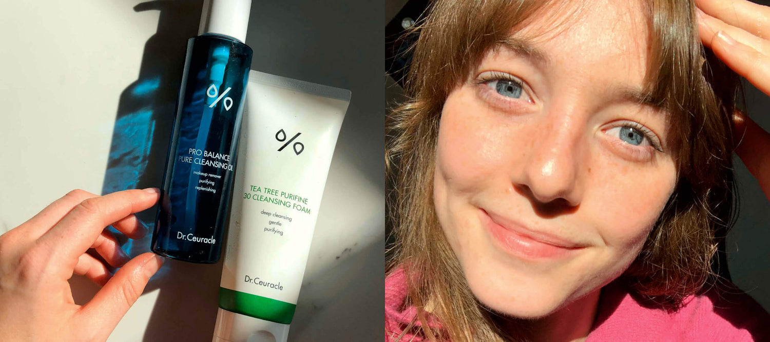  A side-by-side comparison image: on the left, a hand holds Dr. Ceuracle cleansing products; on the right, a smiling woman with freckles in natural sunlight.