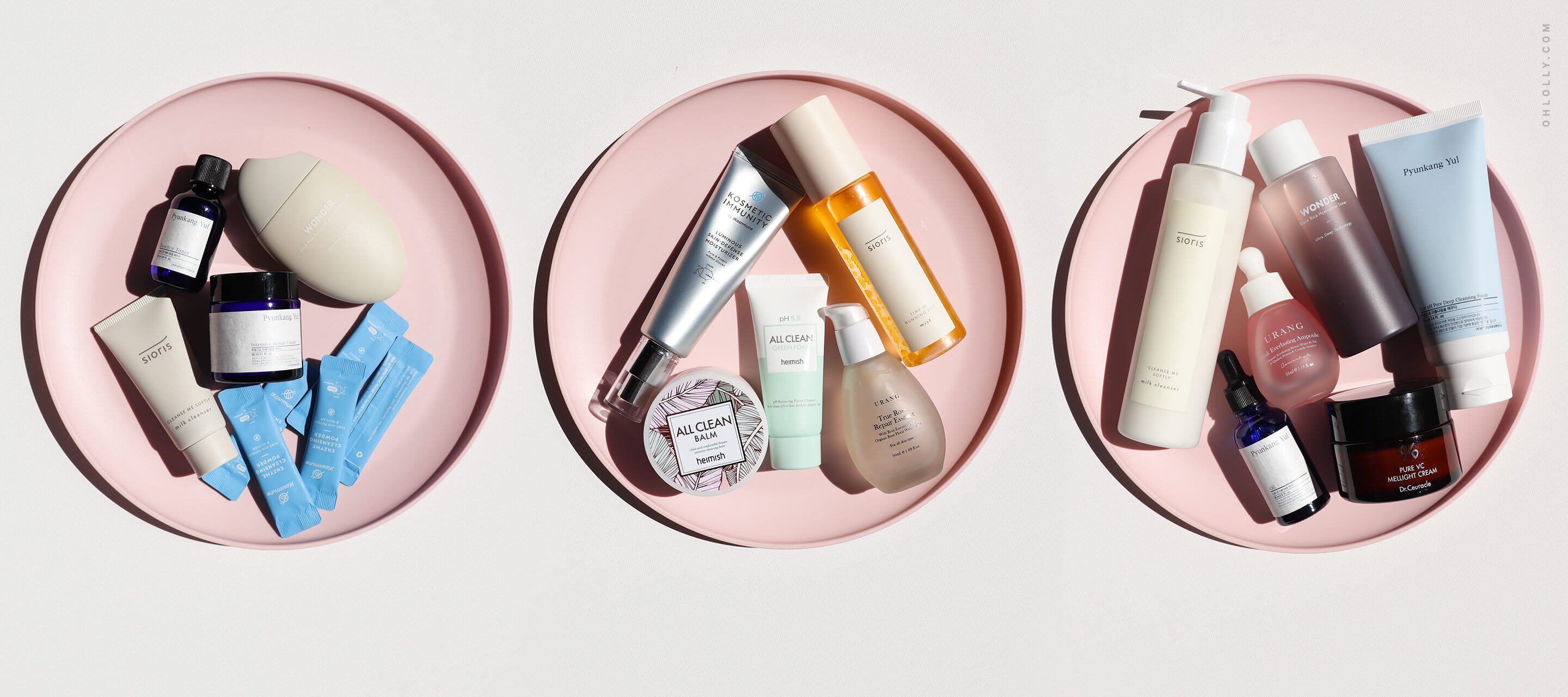 An image showing three curated sets of K-Beauty products for different routines.