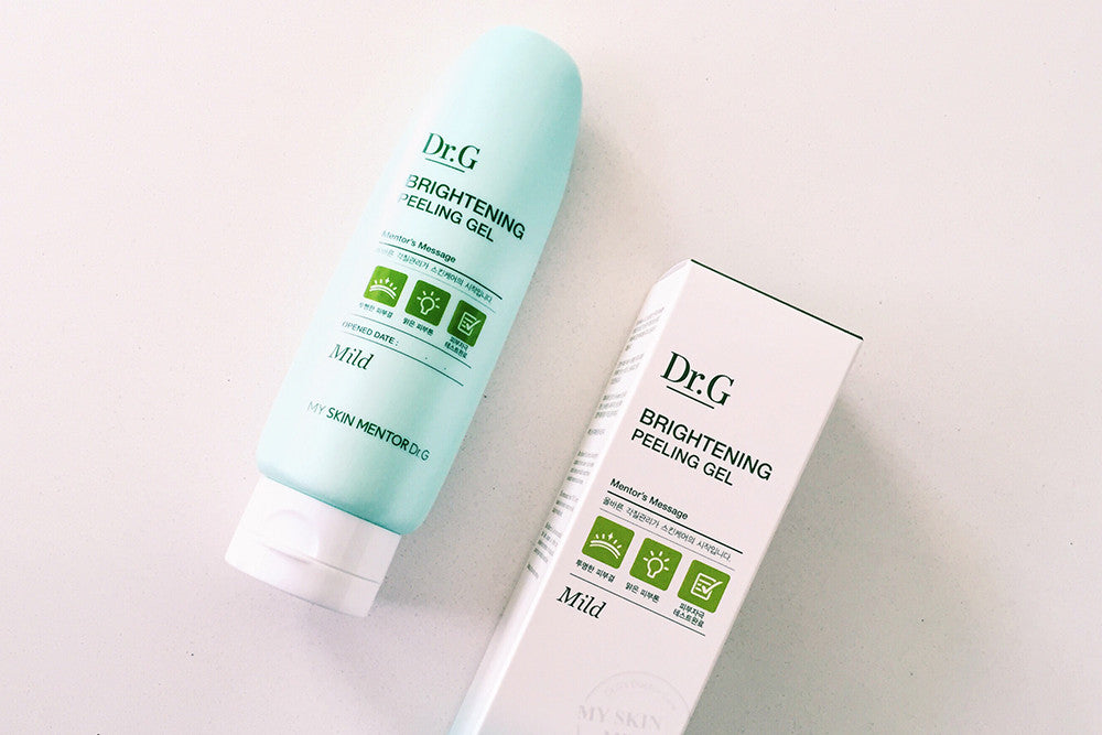 Dr. G Brightening Peeling Gel tube and its packaging box, showing the product name and "Mild" label.