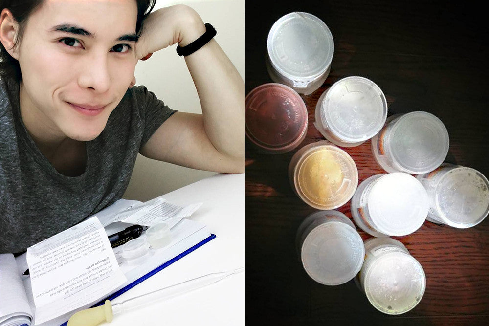 Split image showing a person sitting at a table with papers on the left, and several small containers of powders or creams on the right.