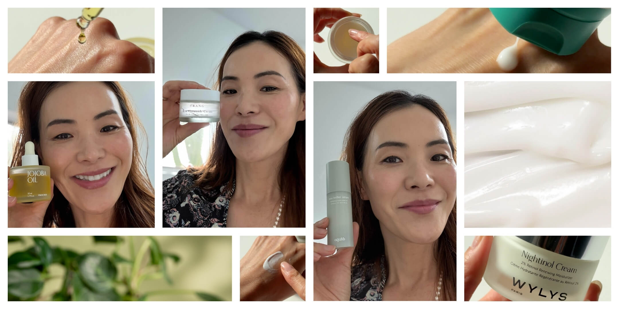 Collage showcasing Sue, Ohlolly Co-founder, and close-ups of K-Beauty products like Jojoba Oil, URANG Ceramide Cream, Équlib Serum, and WYLYS Nightinol Cream.