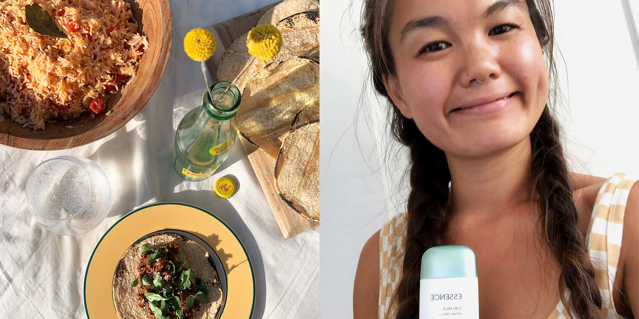  A split-screen image: on the left, a table with a bowl of food, a plate, and a drink; on the right, a smiling woman with braided hair holding a bottle of sunscreen.