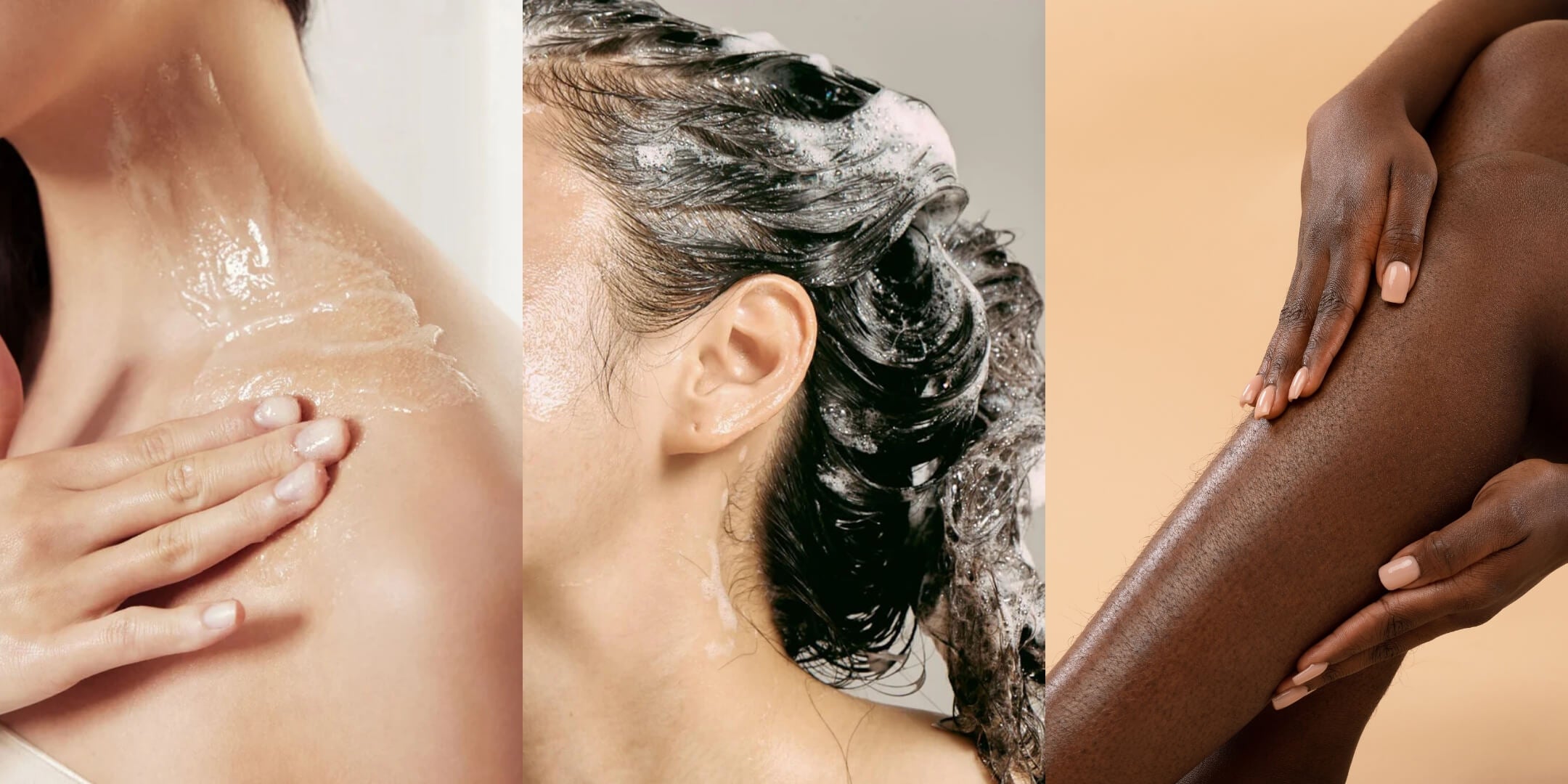 A three-panel collage showing a person applying skin scrub, a person washing soapy hair, and a close-up of hands touching smooth skin on a leg.