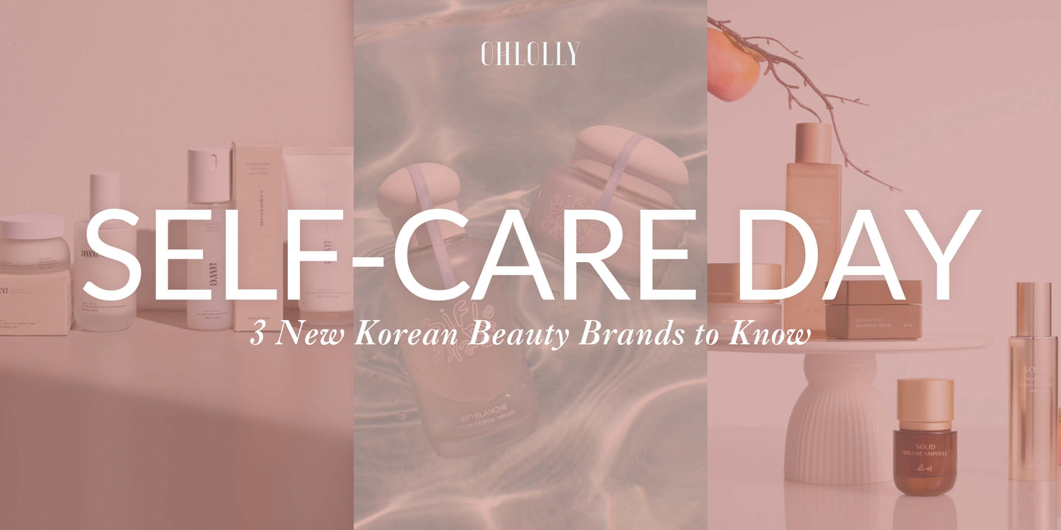 A soft pink banner for "Self-Care Day" featuring various Korean beauty products and a text that reads "3 New Korean Beauty Brands to Know."