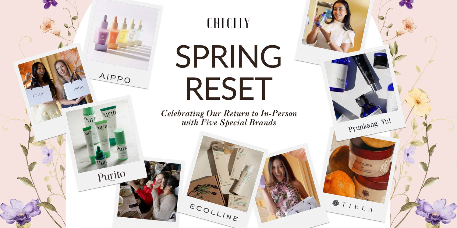 Ohlolly Spring Reset banner featuring polaroid photos of featured beauty brands and guests at an event.