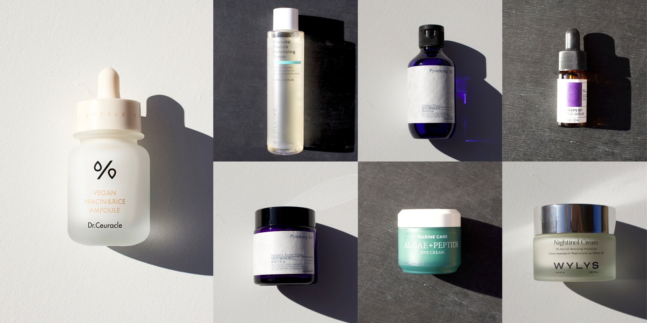 Grid of eight different K-beauty skincare products, including ampoules, toners, creams, and serums, with strong shadows.