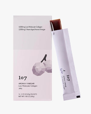 107 Aronia Vinegar Low Molecular Collagen jelly stick and packaging showing dark fruit jelly texture.