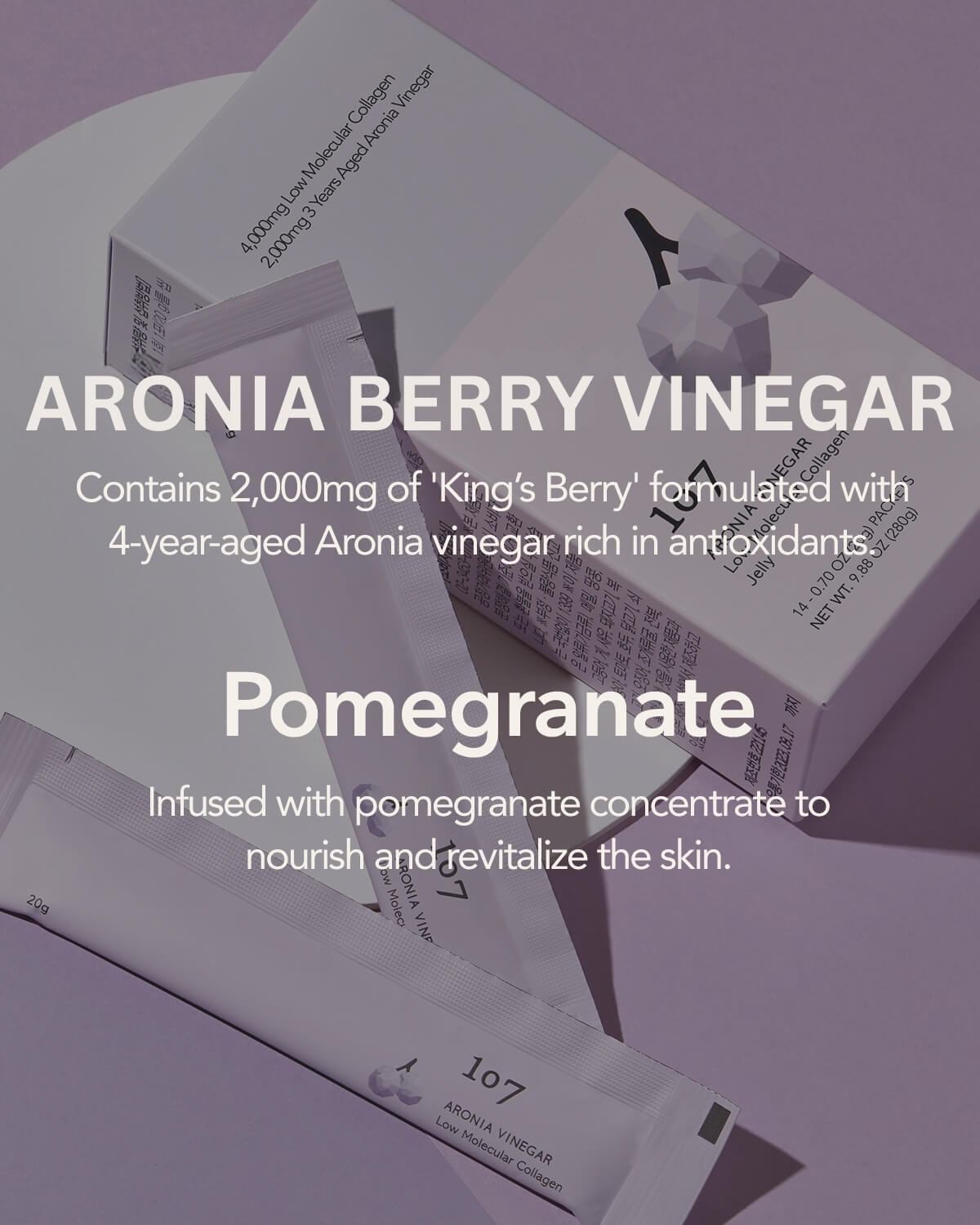 107 Aronia Berry Vinegar and Pomegranate concentrate details for skin nourishment and antioxidant support.