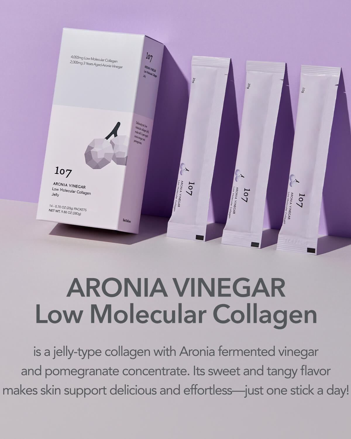 107 Aronia Vinegar Low Molecular Collagen jelly sticks and box showing 14 packets per container.