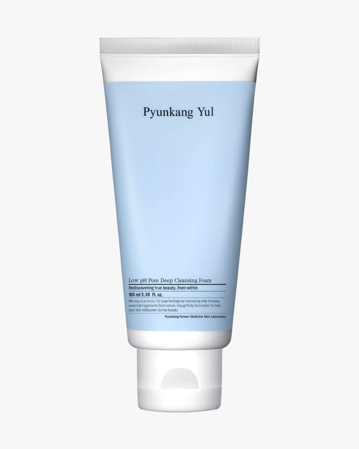 A light blue and white squeeze tube of facial cleanser.