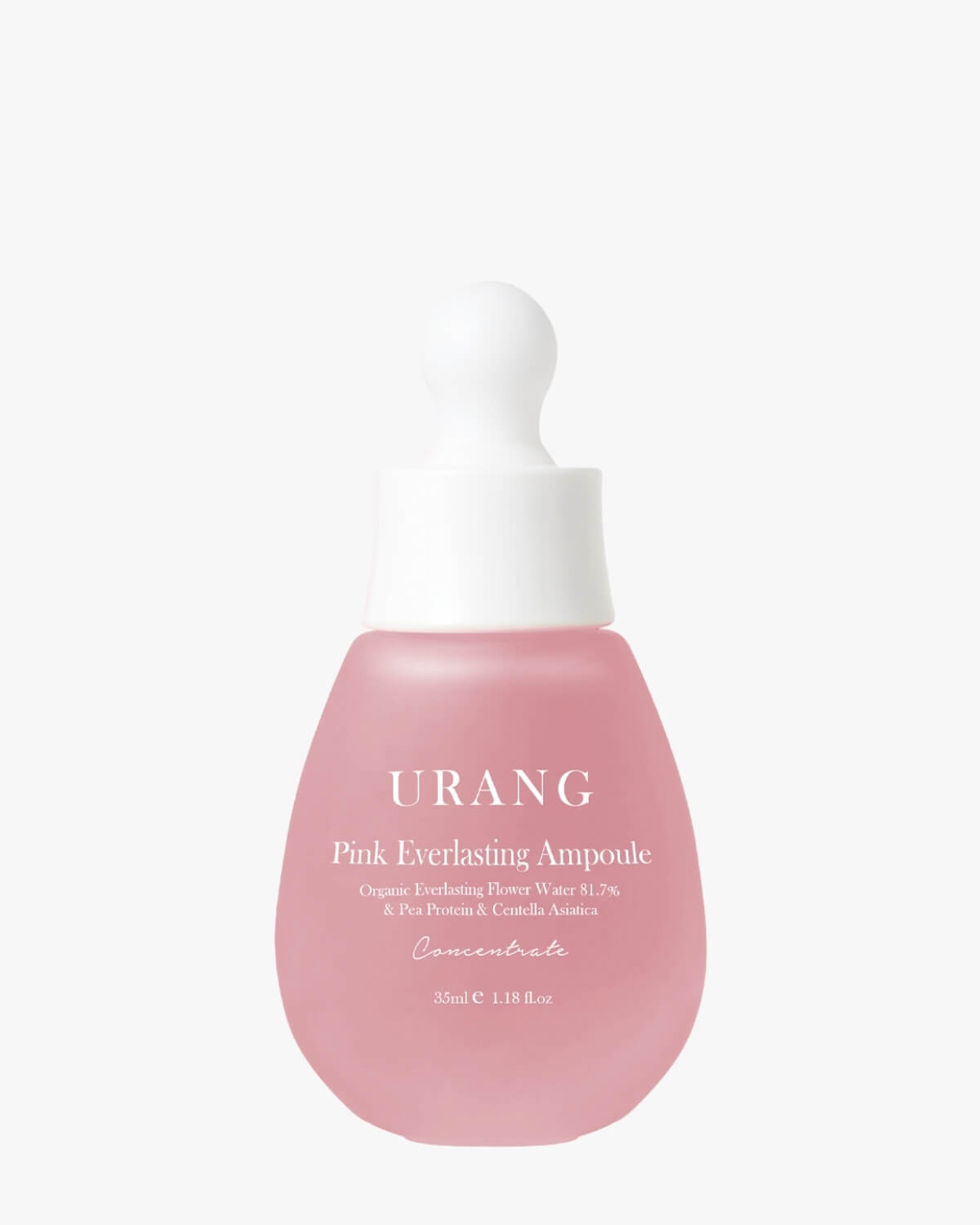URANG Pink Everlasting Ampoule concentrate featuring Organic Everlasting Flower Water and Centella Asiatica in a frosted pink dropper bottle on a white background.
