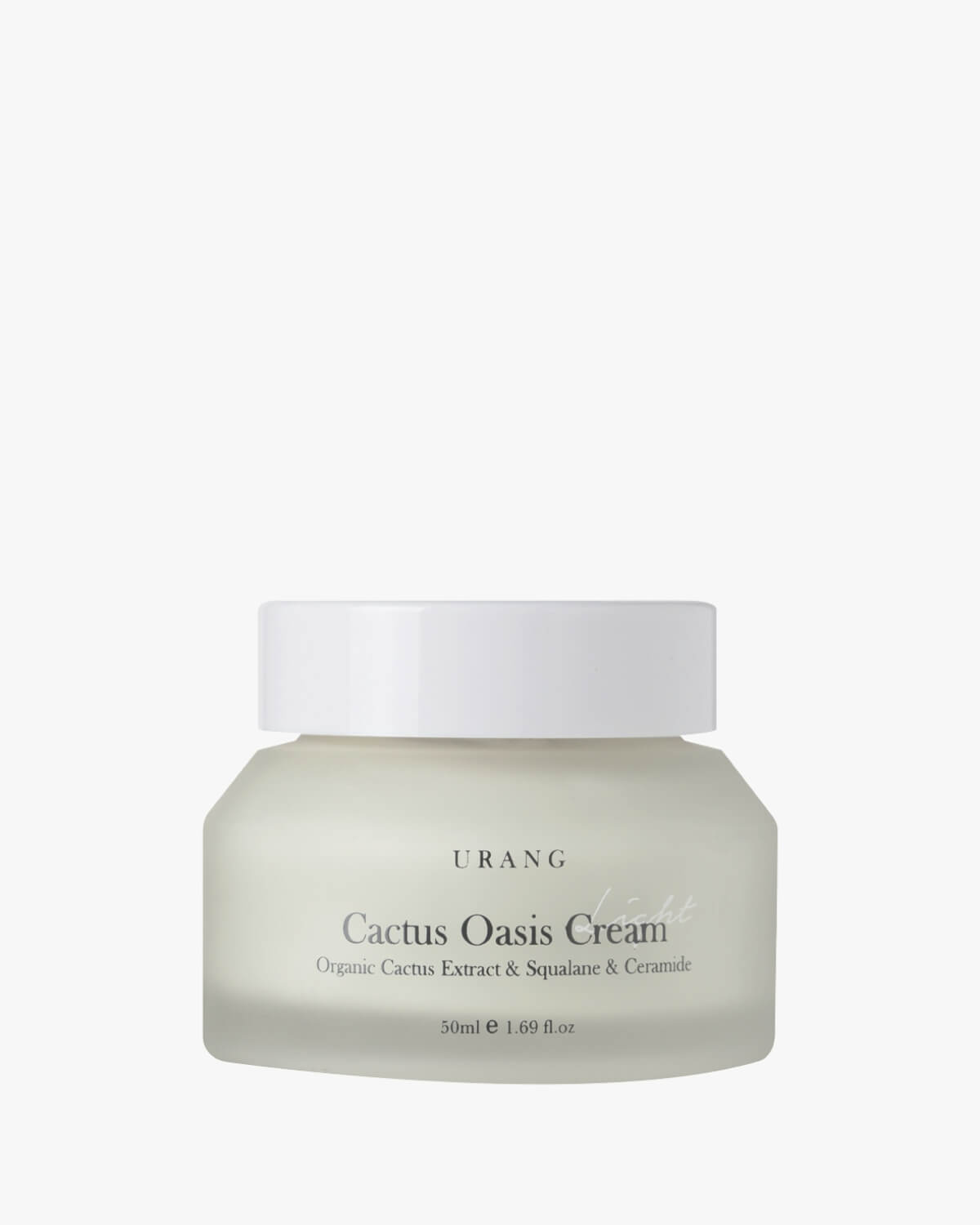 URANG Cactus Oasis Cream light moisturizer featuring Organic Cactus Extract, Squalane, and Ceramide in a minimalist frosted glass jar on a white background.
