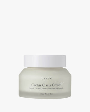 URANG Cactus Oasis Cream light moisturizer featuring Organic Cactus Extract, Squalane, and Ceramide in a minimalist frosted glass jar on a white background.