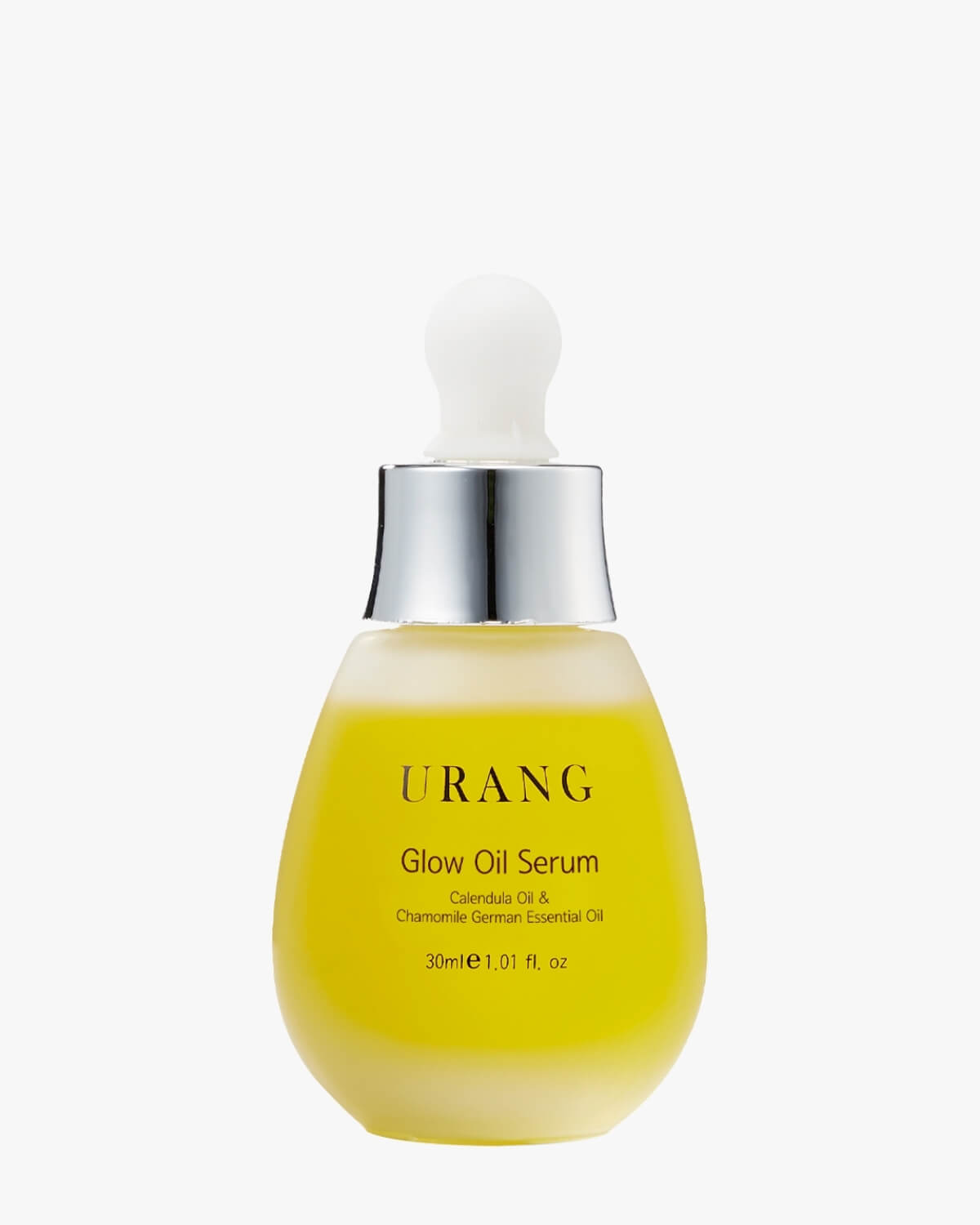 URANG Glow Oil Serum in a frosted yellow glass bottle with a silver-capped dropper, containing Calendula Oil and Chamomile German Essential Oil for a radiant complexion on a white background.