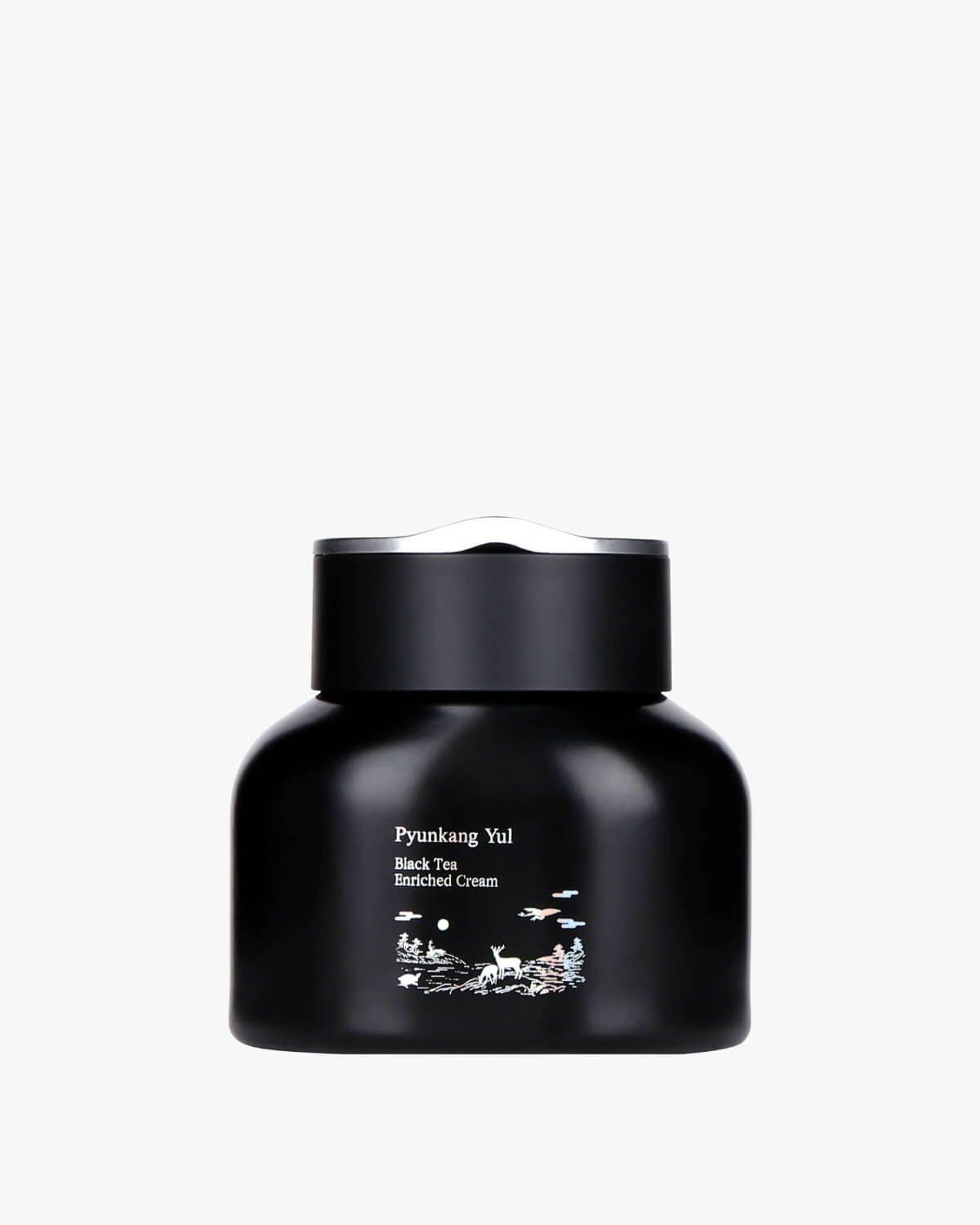 A rounded black jar with white landscape illustrations and a silver-accented lid.