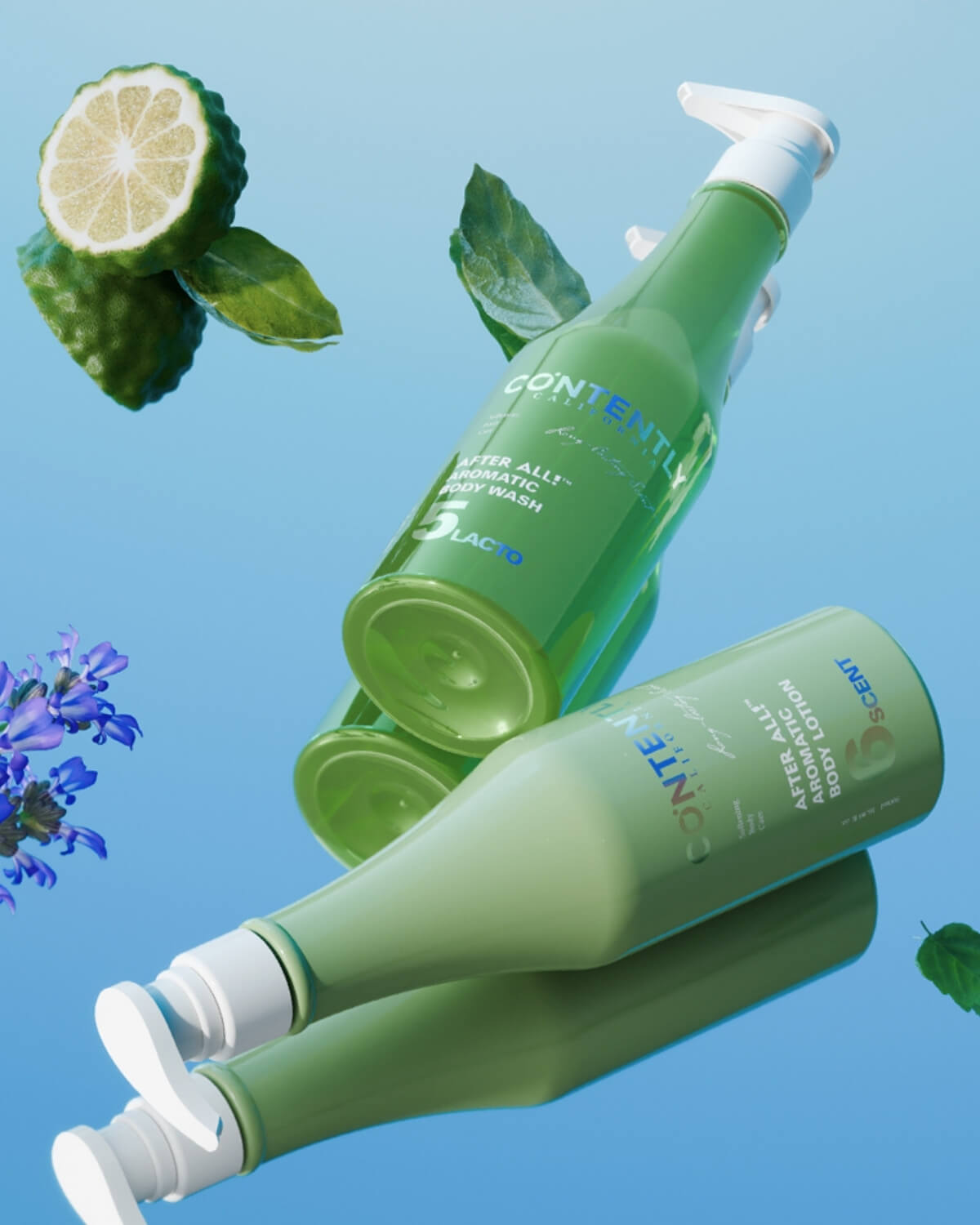 Two bottles, one "After All! Aromatic Body Wash" (green) and one "After All! Aromatic Body Lotion" (light green), are depicted on a reflective blue surface, giving the impression of floating. Halved bergamot fruits and small green leaves are scattered around them.