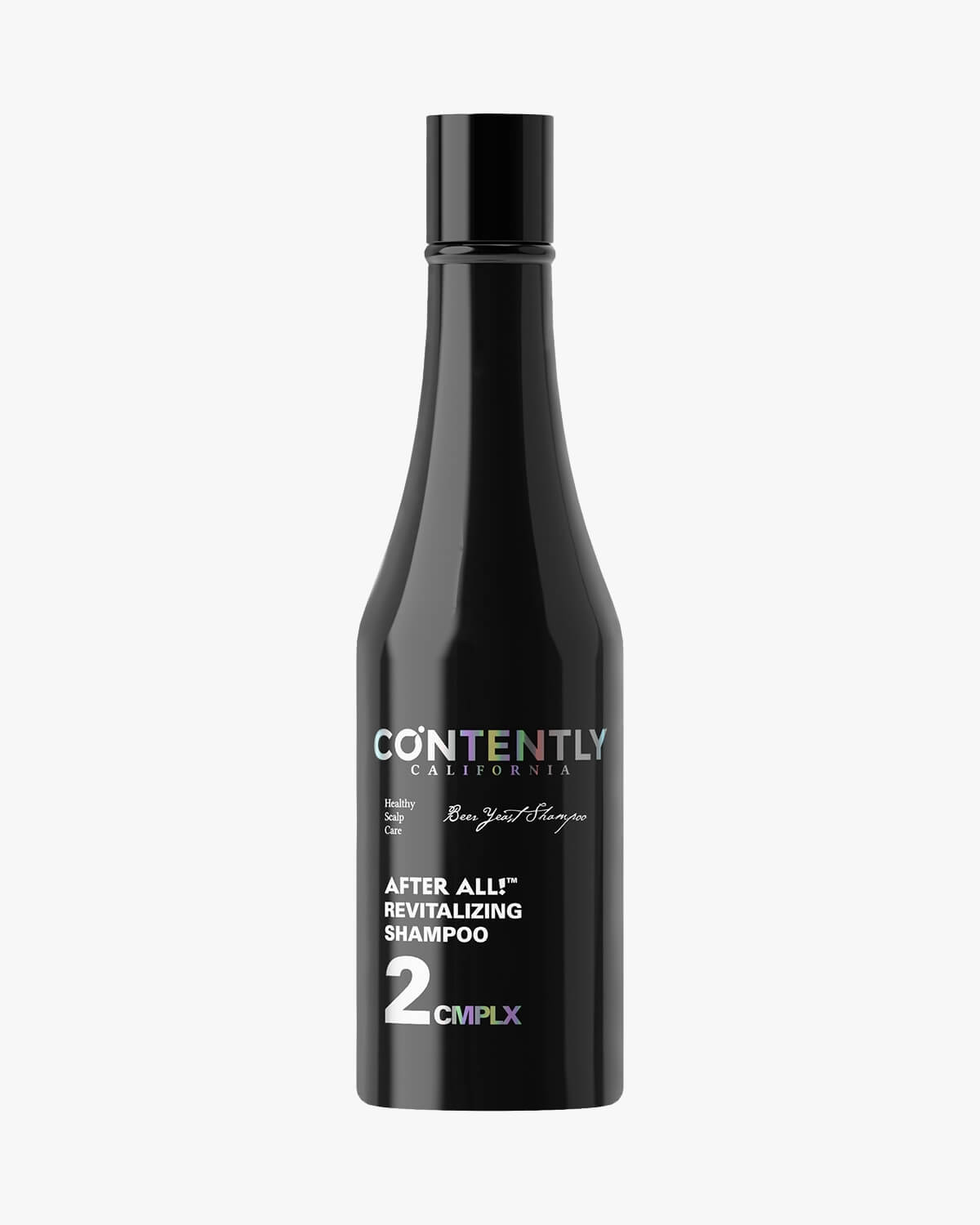 Studio shot of a single bottle of Contently California After All! Revitalizing Shampoo, a black, curvy bottle with a white and colorful label on a white background.
