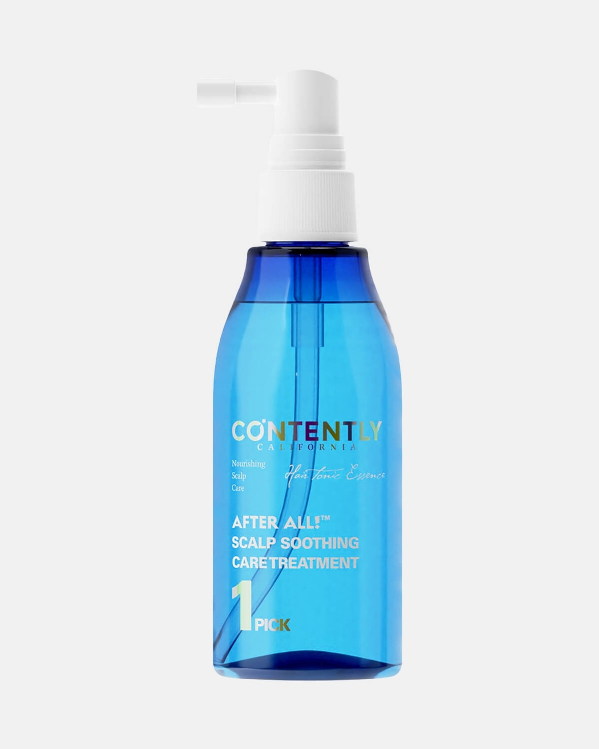 Studio shot of a single bottle of Contently After All! Scalp Soothing Care Treatment, a clear, curvy bottle with a white pointed cap on a clean white background.