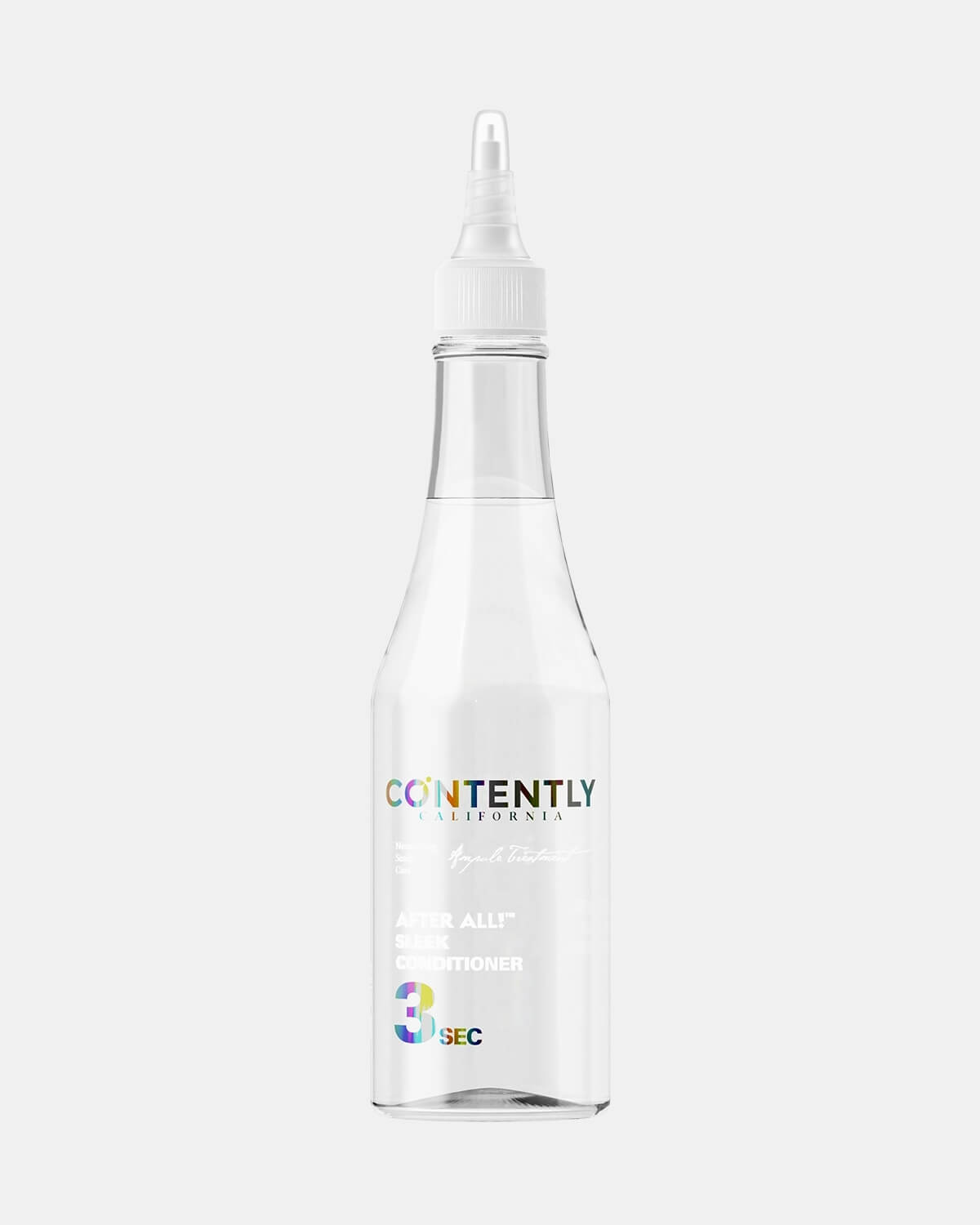 Studio shot of a single bottle of Contently After All! Sleek Conditioner, a clear, hourglass-shaped bottle with a white pointed cap on a white background.