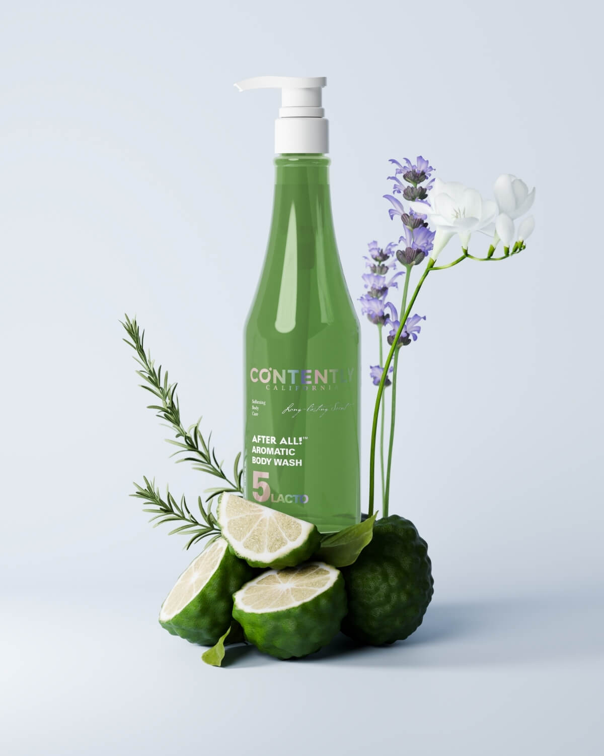 A green bottle of CONTENTLY CALIFORNIA's "After All! Aromatic Body Wash" is centered on a light blue background. It is surrounded by three quartered bergamot fruits at the base, with sprigs of rosemary, lavender, and a white flower arrangement creating a natural, aromatic display.