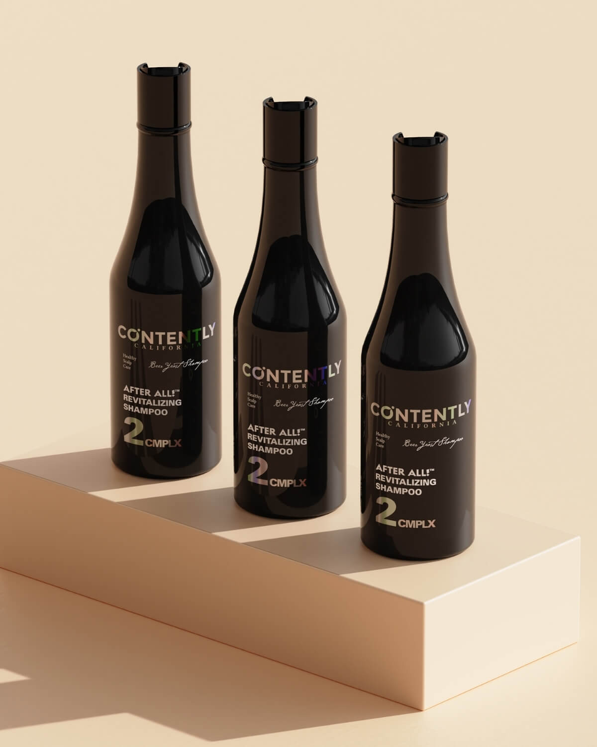 Three bottles of the Contently Revitalizing Shampoo are lined up on a stepped white platform against a soft beige background.