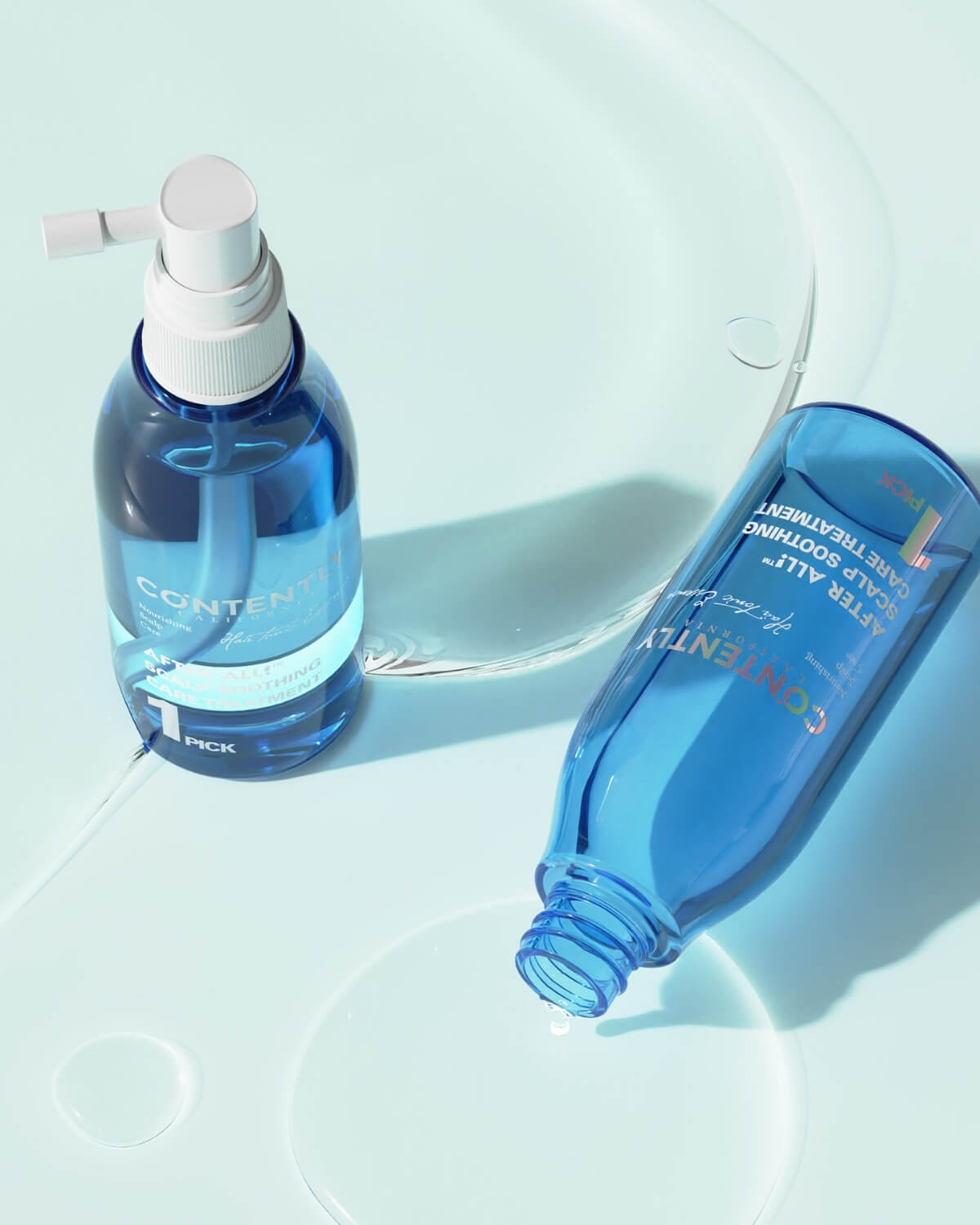 The Scalp Soothing Care Treatment bottle is shown resting on its side on a glass shelf, with a small pool of the clear liquid product visible.