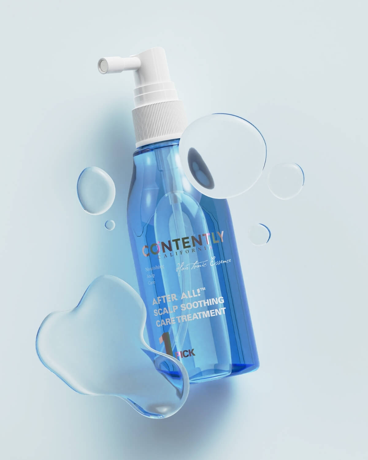 The treatment bottle stands upright on a mirrored surface, with its reflection visible, in a modern bathroom setting with black wall tiles.