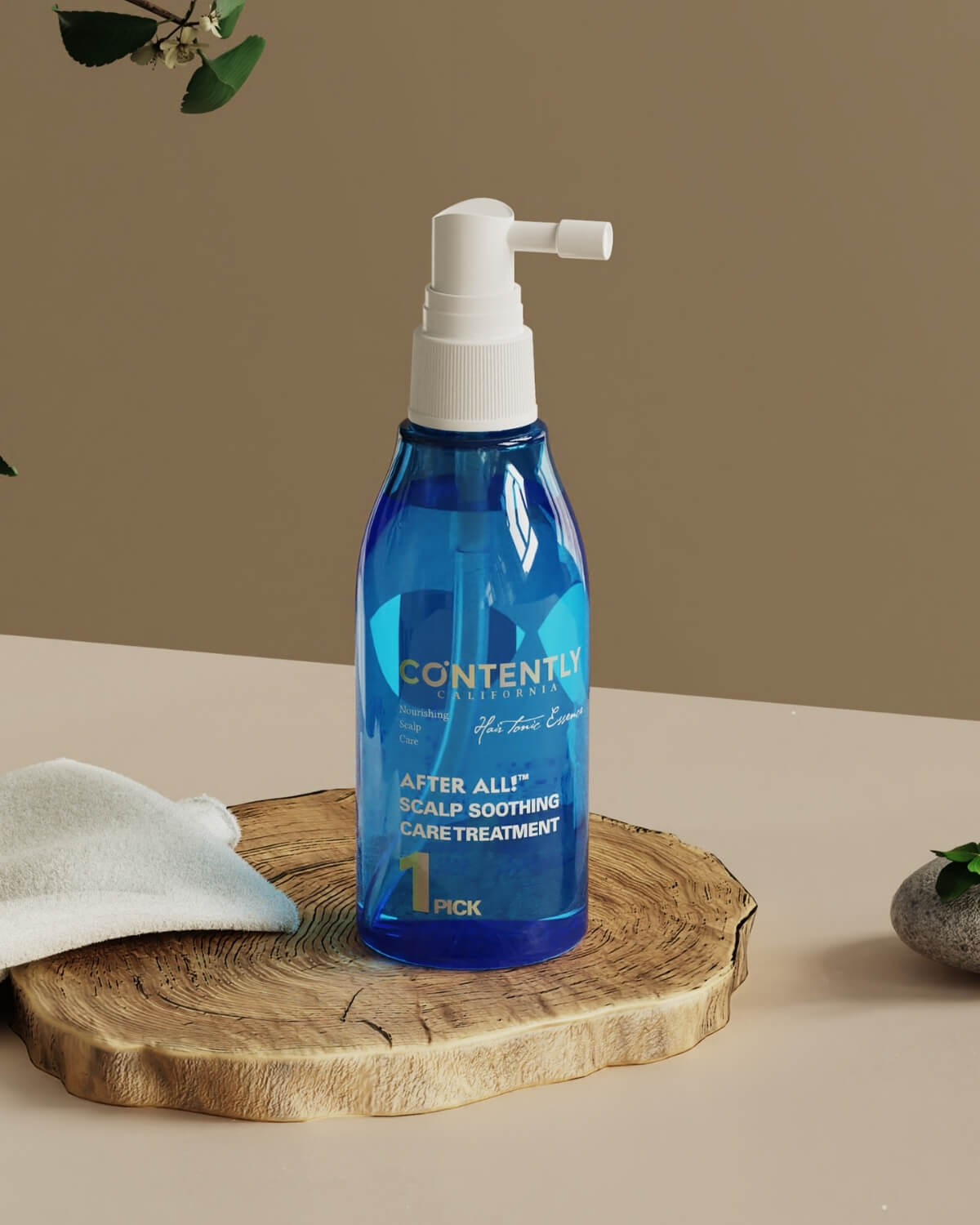Three bottles of the Contently Scalp Soothing Care Treatment are lined up on a stepped white platform against a soft beige background.