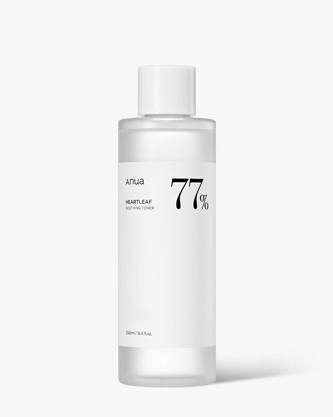 Close-up of Anua Heartleaf 77% Soothing Toner bottle. 250ml size, a gentle, hydrating toner for daily use on sensitive skin.