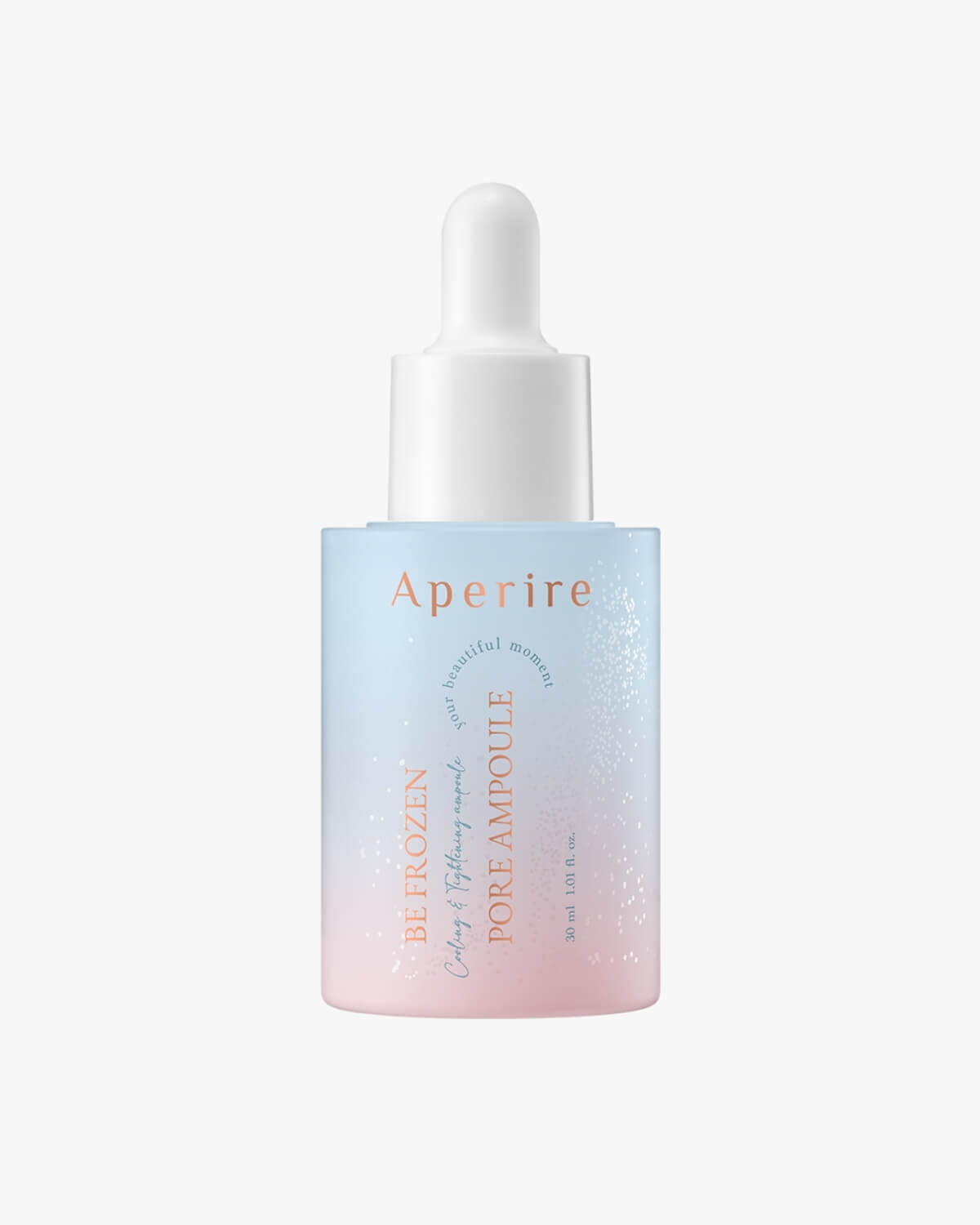 A centered product shot of the Aperire Be Frozen Pore Ampoule bottle, which features a frosted blue-to-pink ombre design with a white dropper cap, set against a neutral white background.