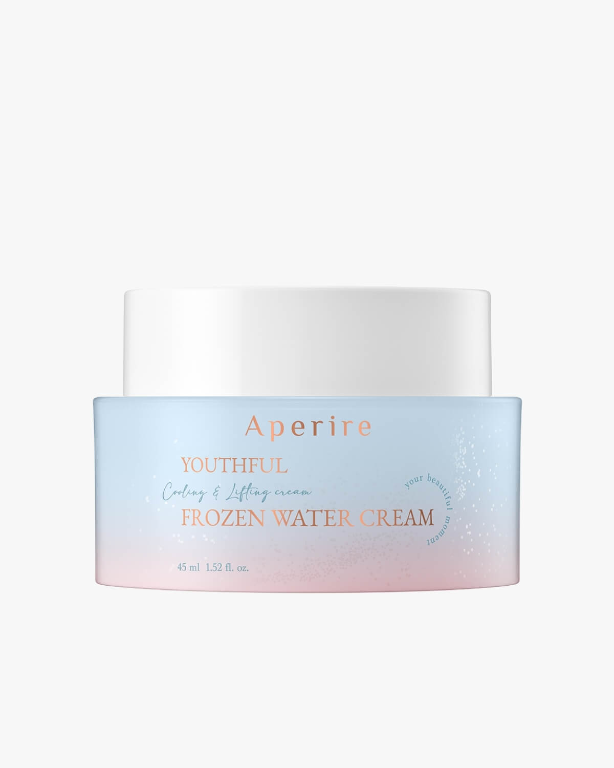 A centered product shot of the Aperire Youthful Frozen Water Cream jar. The jar has a white lid and a body with a frosted, light blue-to-pink ombre design, set against a neutral background.