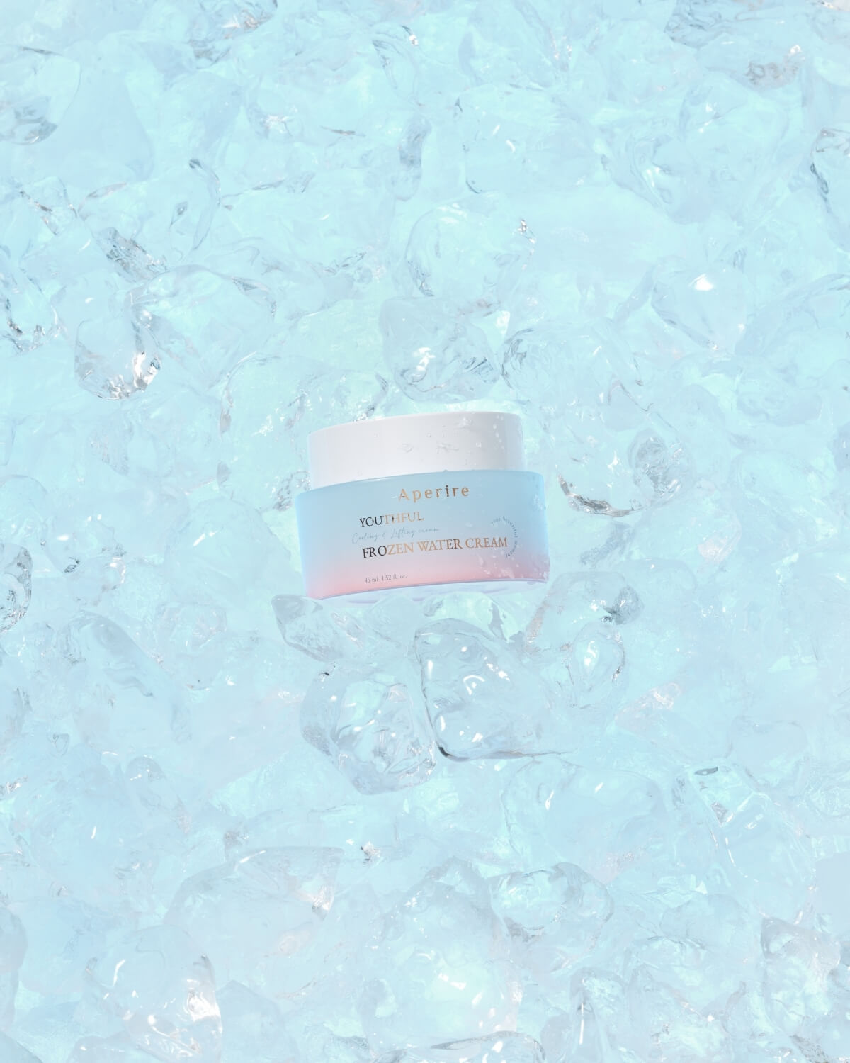 A high-angle, close-up shot of the cream jar nestled in a bed of clear, sparkling ice cubes, giving the impression of extreme coldness.