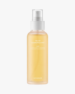 Hyggee Relief Chamomile Mist bottle. Soothing face mist with 20% Chamomile Extract and Azulene for sensitive, irritated skin.